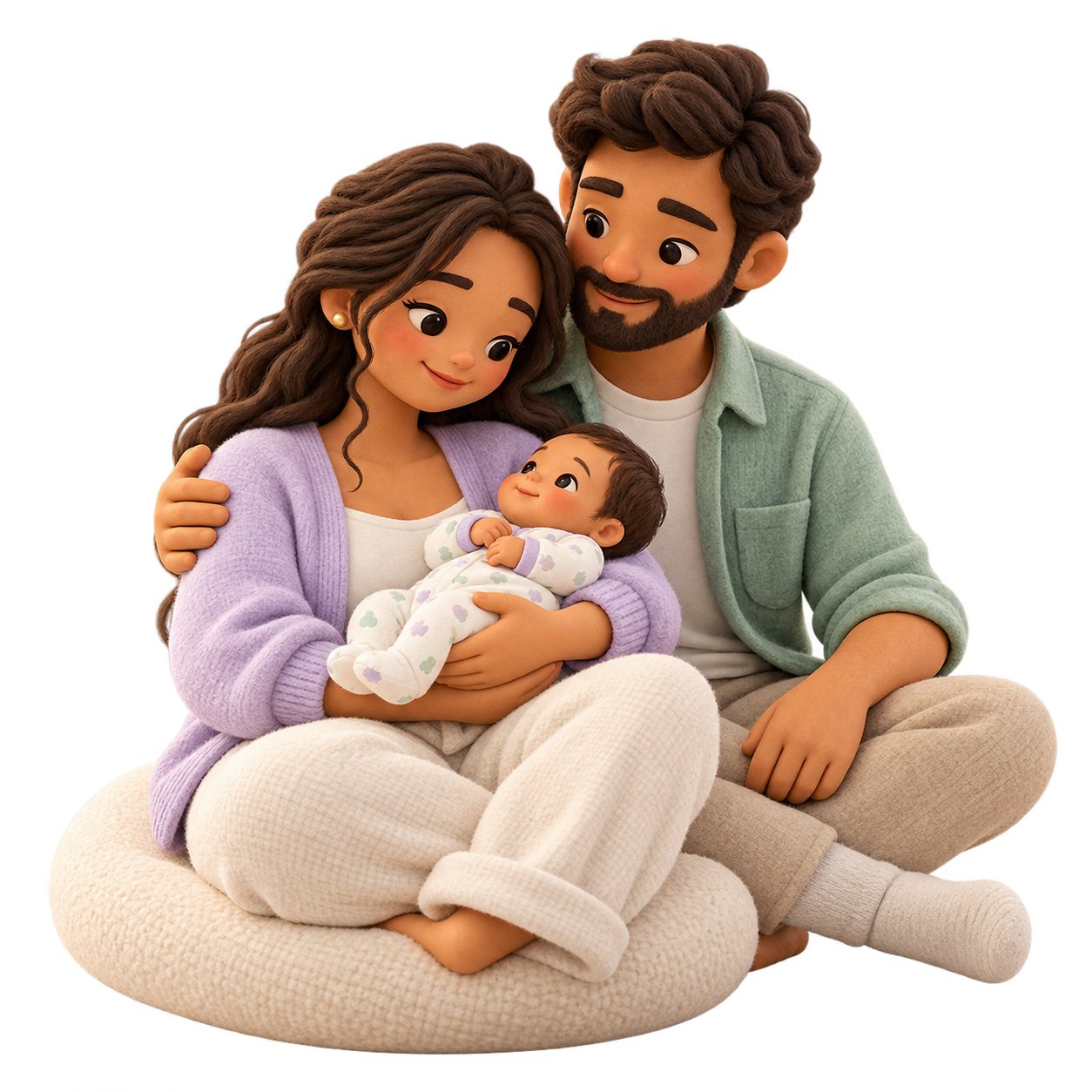 Ilustração de mãe e pai sentados juntos, compartilhando o cuidado com o bebê no colo.