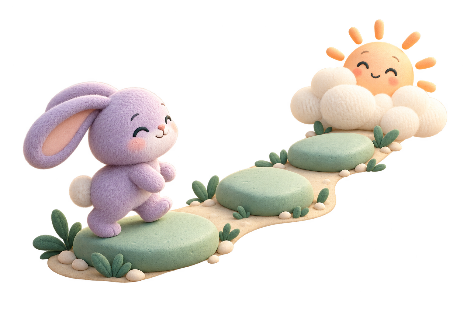 Ilustração de um coelhinho seguindo três pedras de um caminho em direção a um sol sorridente entre nuvens.