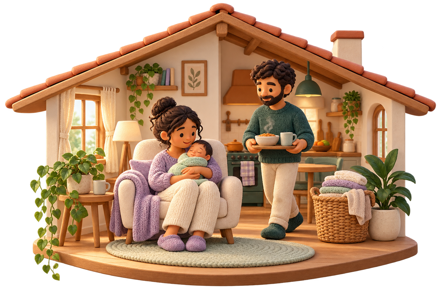 Ilustração de uma casa acolhedora: mãe com o bebê no colo, pai trazendo uma refeição e tarefas da casa ao redor.