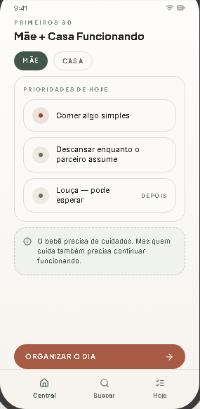 Tela demonstrativa: MÃE + CASA FUNCIONANDO
